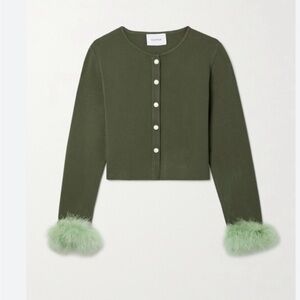 Sleeper convertible cropped feather trimmed cardigan in green. NWT